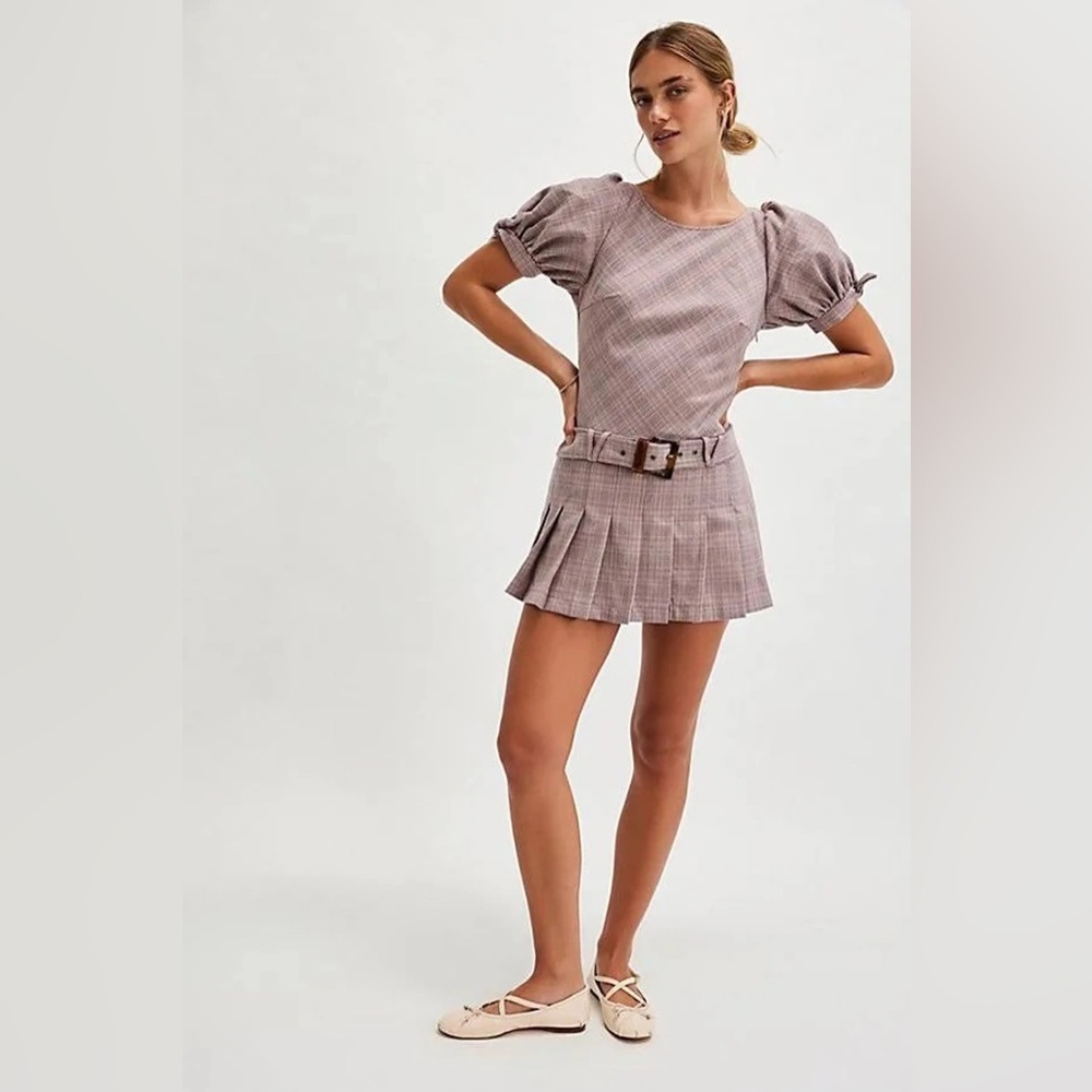 Free People Sevi Plaid Pleated Mini Skirt Dress with Belt - Taupe Pink Size XL